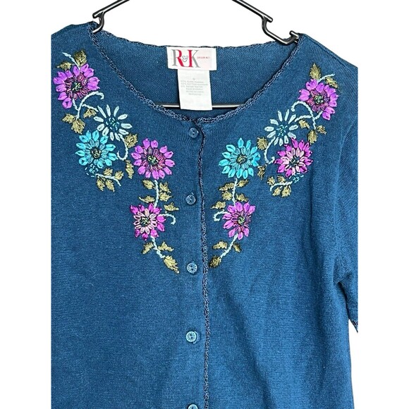 Vintage 90s Women’s R&K Short Sleeve Cardigan Sweater 8/M, Blue‎ W/ Flower - Picture 2 of 9